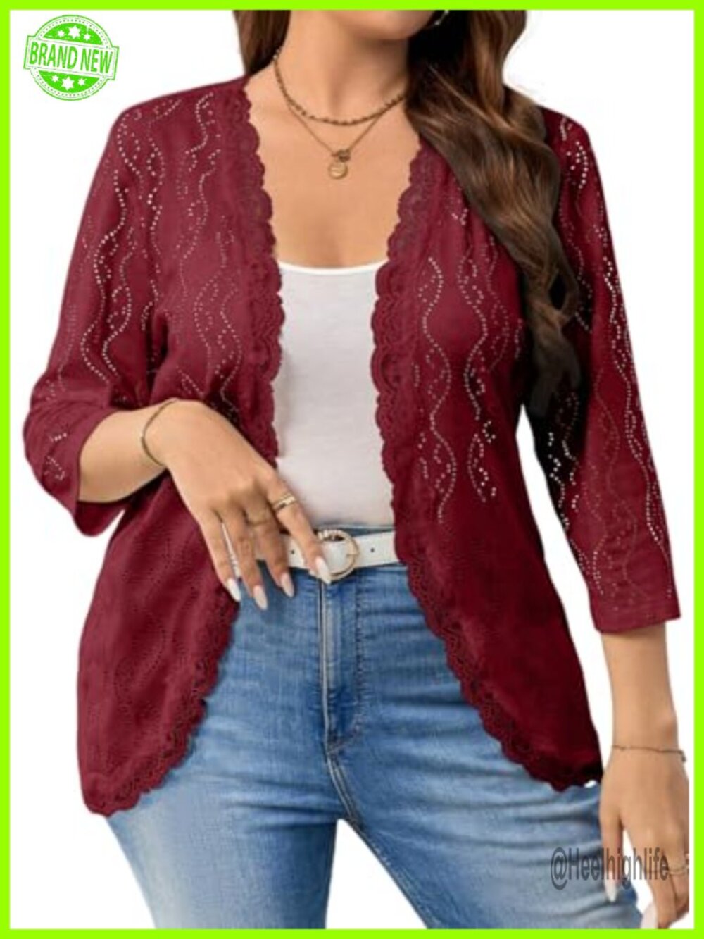 Plus Size Open Front Knit Jacquard Cardigan Lace Half Sleeve Summer Coverup